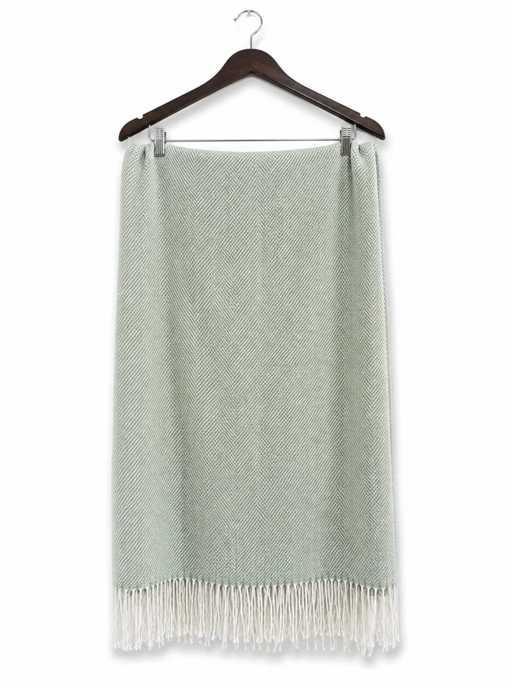 IKEA Mint Green Cream Herringbone Fringe Throw Blanket Wrap Shawl 62” x 52”